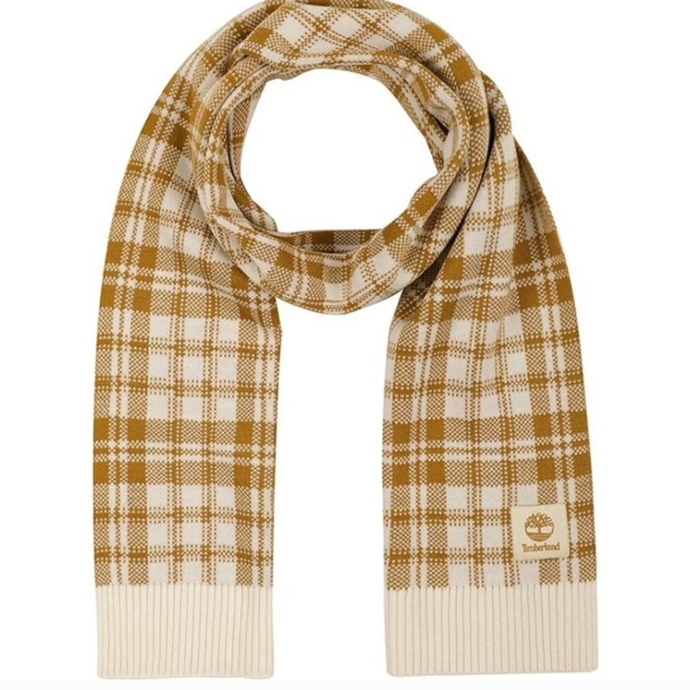 Timberland Tan and White Plaid Knit Scarf NWT 60x10